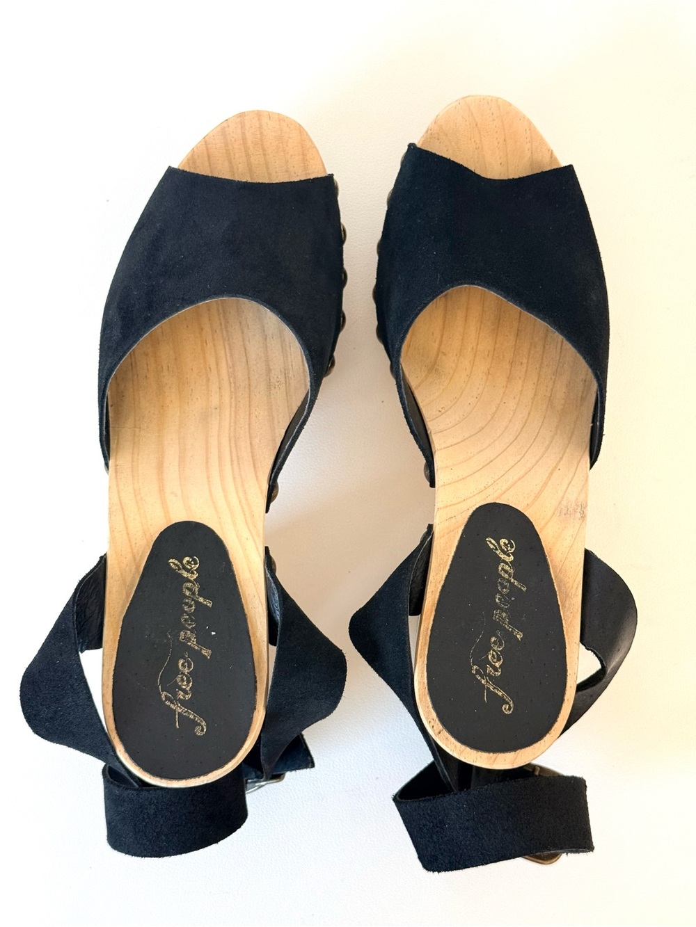 Free People Pasadena Clogs Black Suede Studded Wooden Platform Sandals Peep Toe - Picture 13 of 16